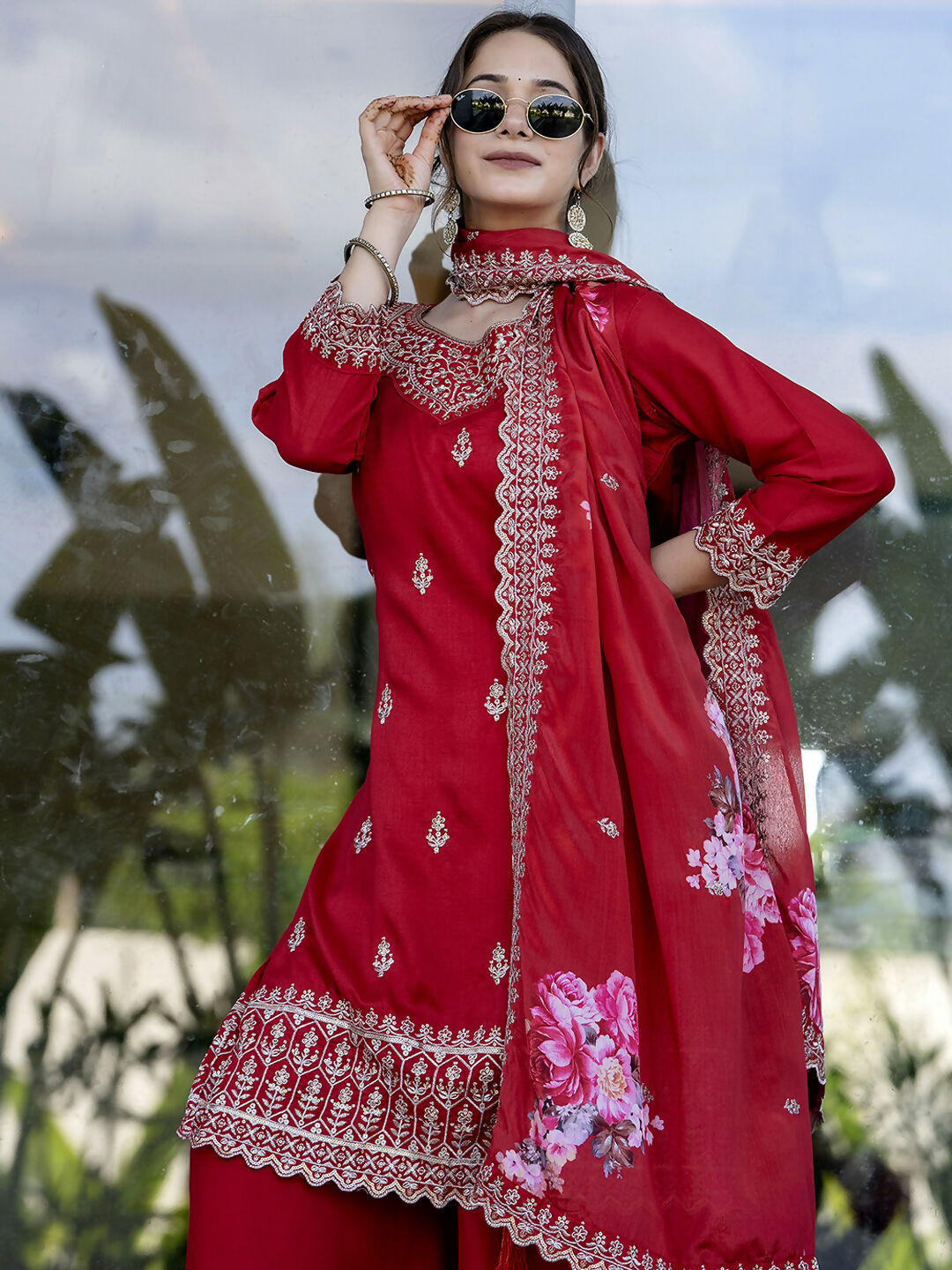 The52 Red Women's Gorgeous Embroidered Vichitra Silk Fabric Straight Kurta, Sharara and Dupatta Set - Swadesiicart