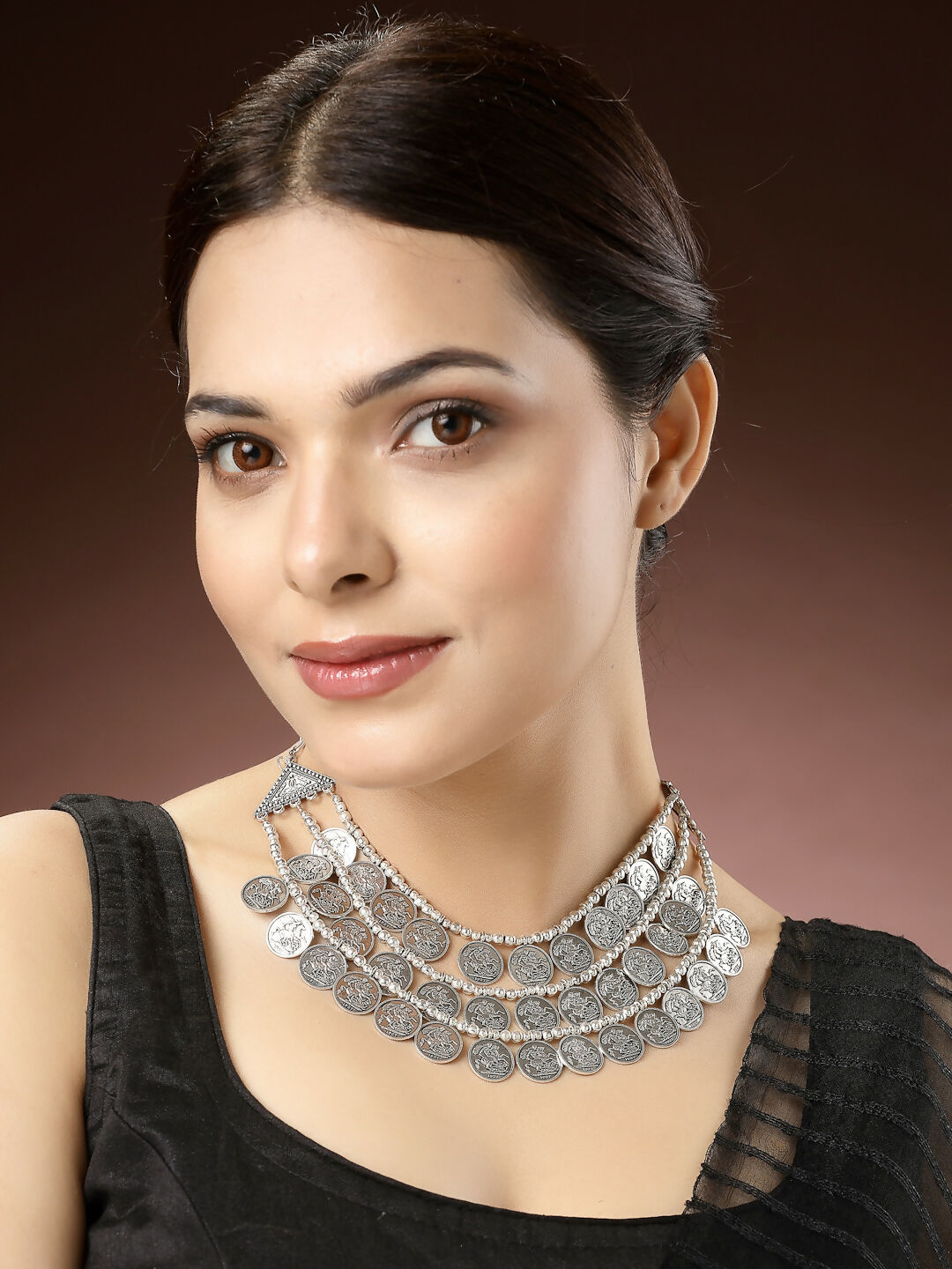 NVR Women's 3 Layered Artificial Beads German Silver Oxidised Necklace | Swadesiicart