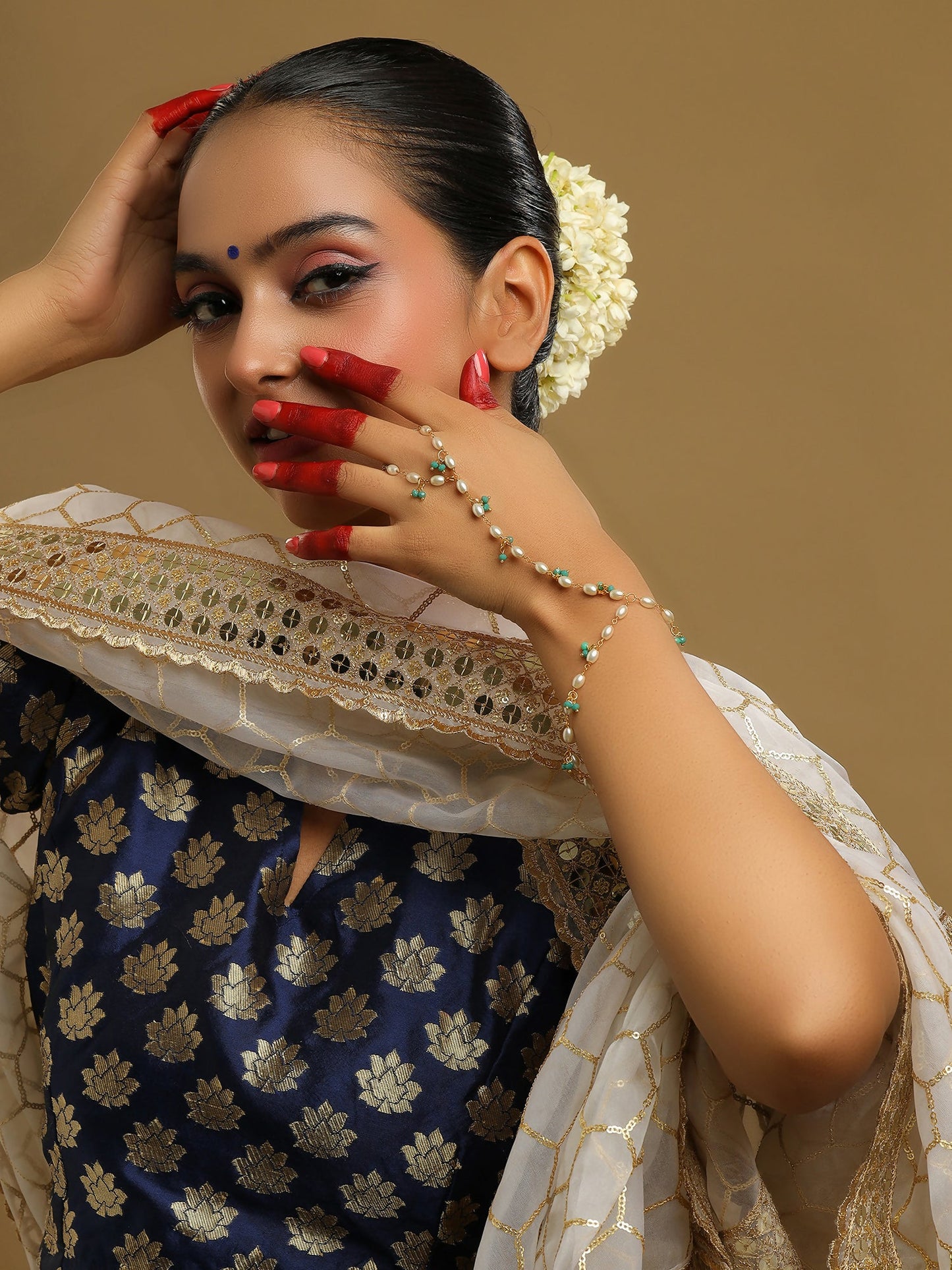 Ruby Raang Multi Pearl & Stone Haath Phool | Swadesiicart