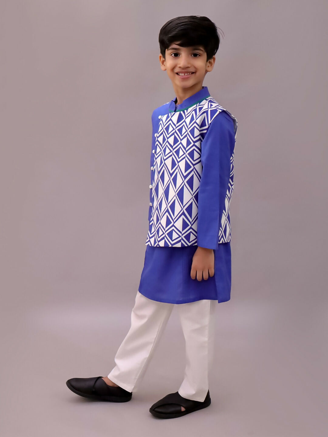 Lil Drama Shor-Gul Blue Kurta Pyjama with Jacket Set For Boys | Swadesiicart