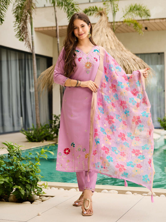 The52 Lavender Women's Gorgeous Embroidered work Viscose Gadhwal Fabric Straight Kurta, Pant and Dupatta Set - Swadesiicart