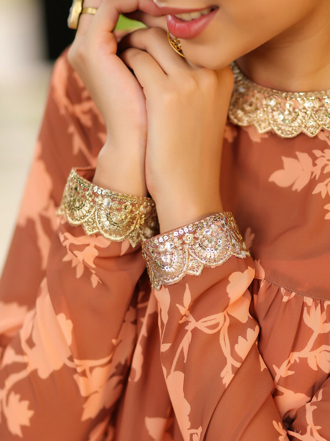 Janasya Brown Georgette Floral Kurta, Bottom & Inner | Swadesiicart