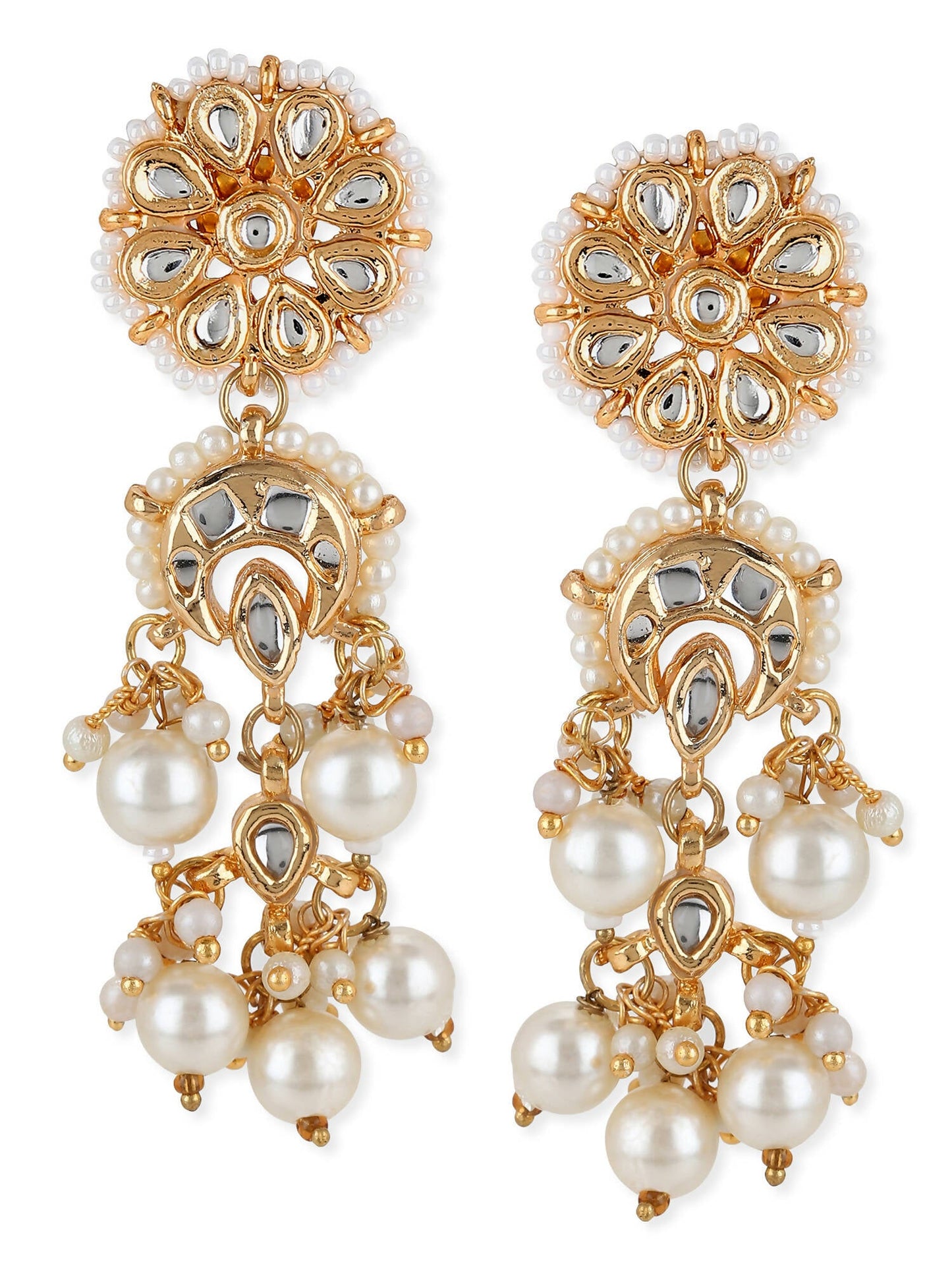 Gold-Toned White Pearl Beaded Contemporary Gold-Polished Jhumkas Earrings - Ruby Raang - Swadesiicart
