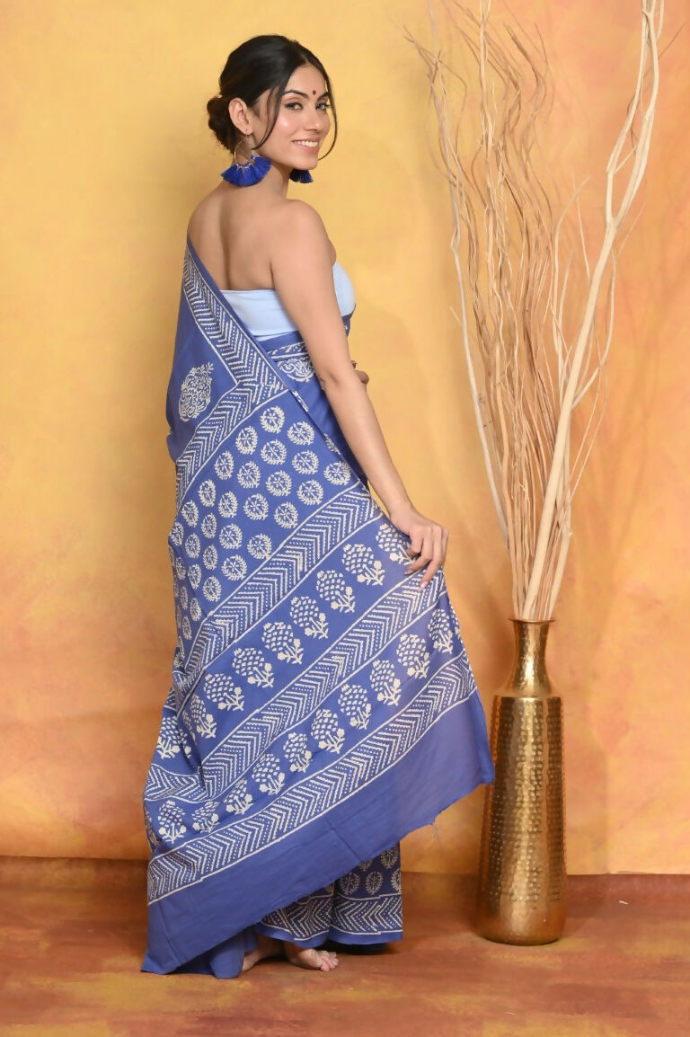Very Much Indian Pure Cotton Handblock Printed Saree - Blue | Swadesiicart