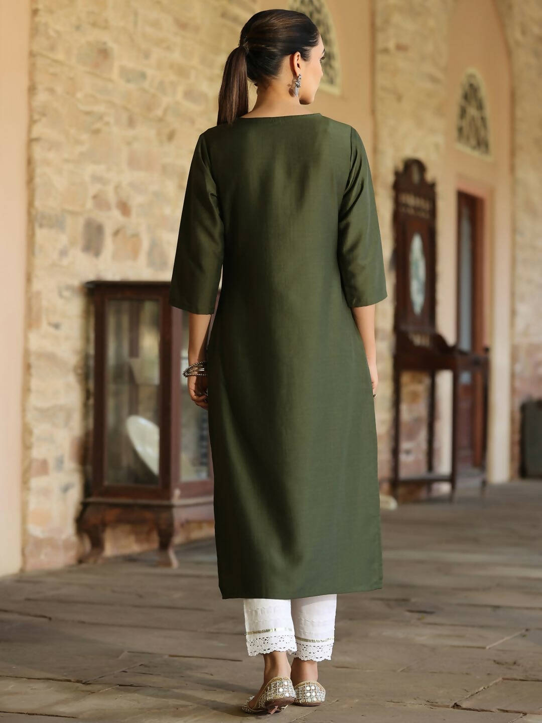 Juniper Women's Green Chinnon Printed Kurta | Swadesiicart