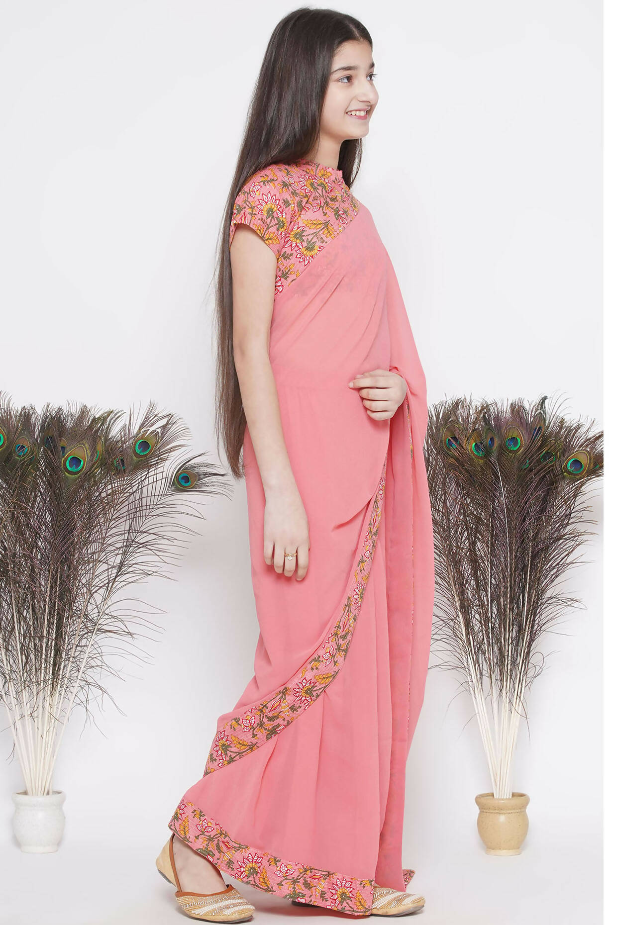 Little Bansi Floral Print Ready To Wear Saree And Floral Blouse - Coral | Swadesiicart