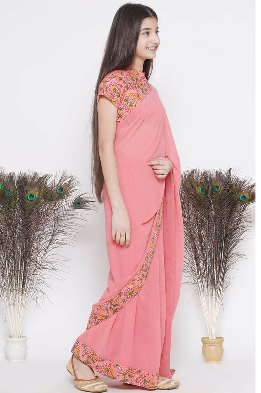 Little Bansi Floral Print Ready To Wear Saree And Floral Blouse - Coral | Swadesiicart