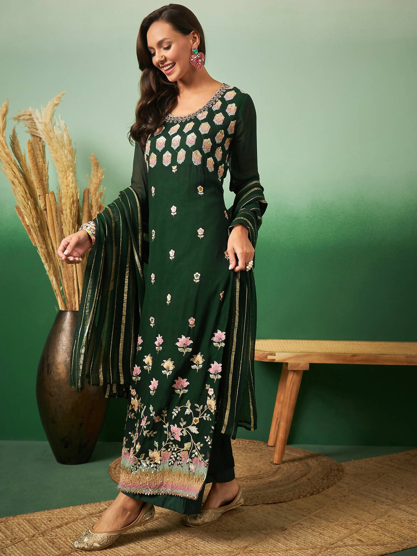 Green Georgette Handwork Unstitched Dress Material - Hanika | Swadesiicart