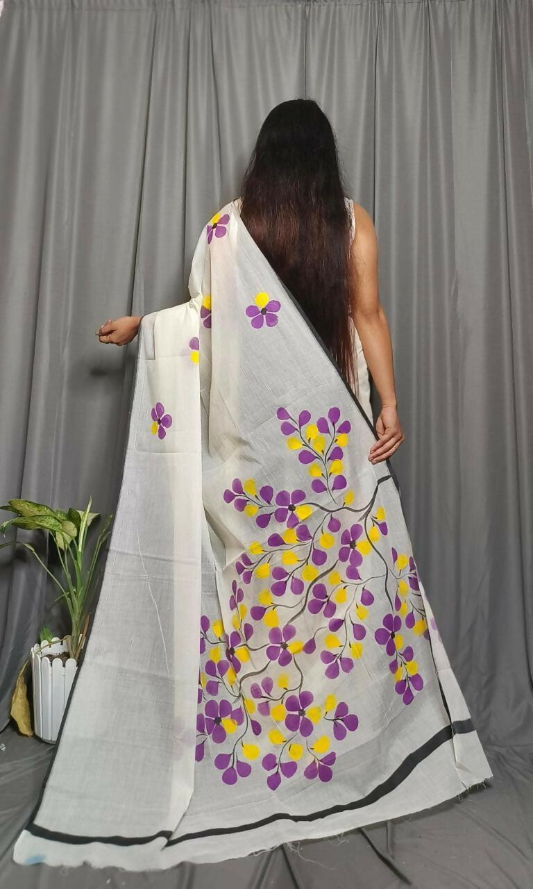 Exclusive Collection Beautiful White Purple Pure Cotton Hand Print Handloom Saree With Running Blouse Piece - Swadesiicart