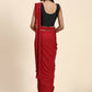 Red Imported Fabric Plain Ready to wear Saree with stitched Blouse - Vrinda | Swadesiicart