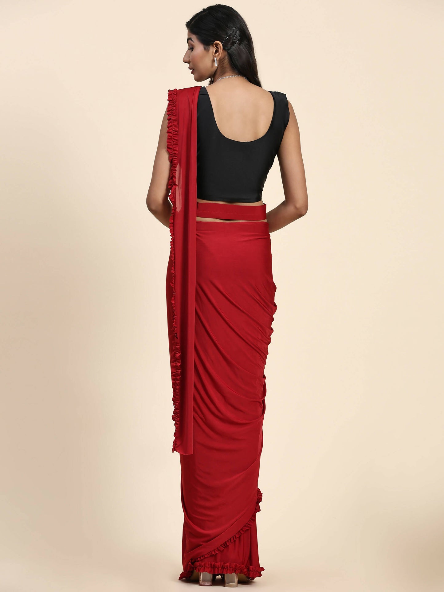 Red Imported Fabric Plain Ready to wear Saree with stitched Blouse - Vrinda | Swadesiicart