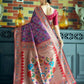 Vishnu Weaves Women's Wine Paithani Patola Silk Zari Woven Saree with Unstitched Blouse - Swadesiicart
