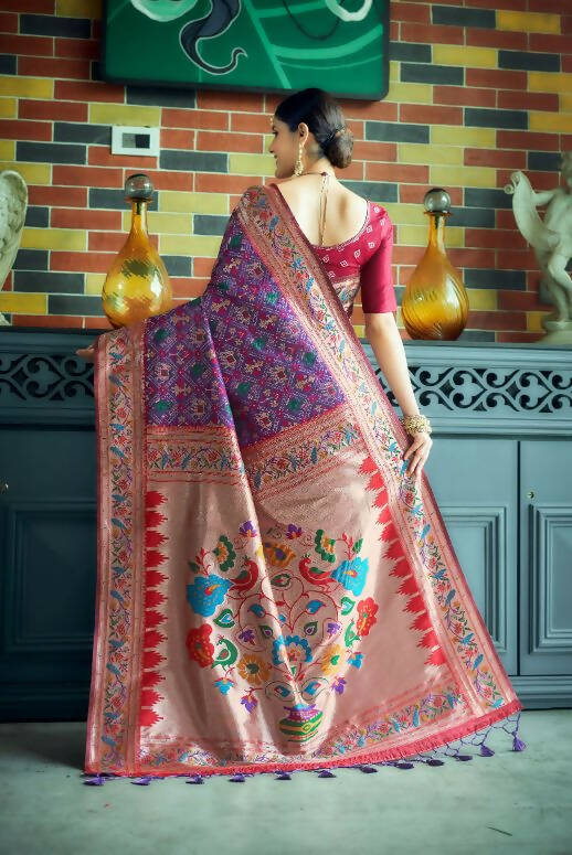 Vishnu Weaves Women's Wine Paithani Patola Silk Zari Woven Saree with Unstitched Blouse - Swadesiicart