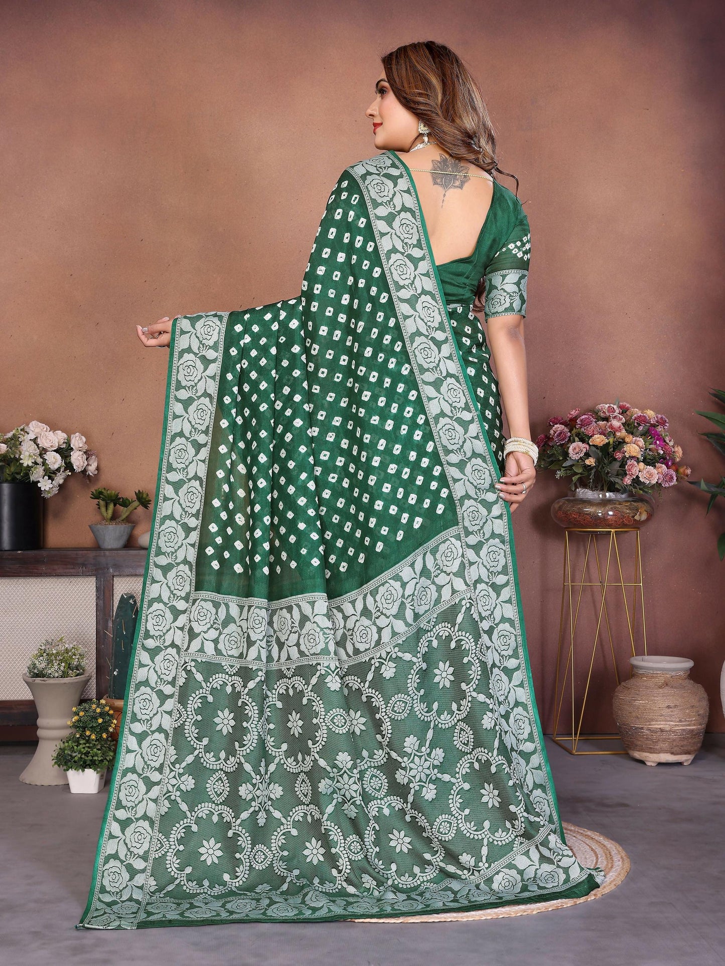 Aastha Fashion Green Viscose Silk Handmade Original Bandhej Saree