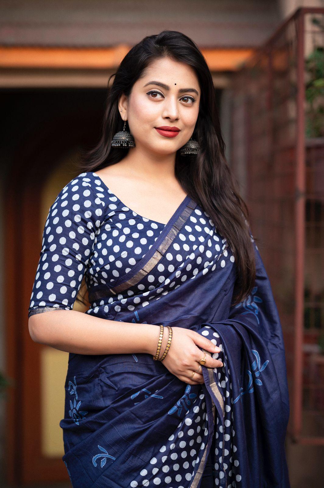 Blue Pure Chanderi Hand Block Saree with Unstitched Blouse - Hiral Fashion | Swadesiicart