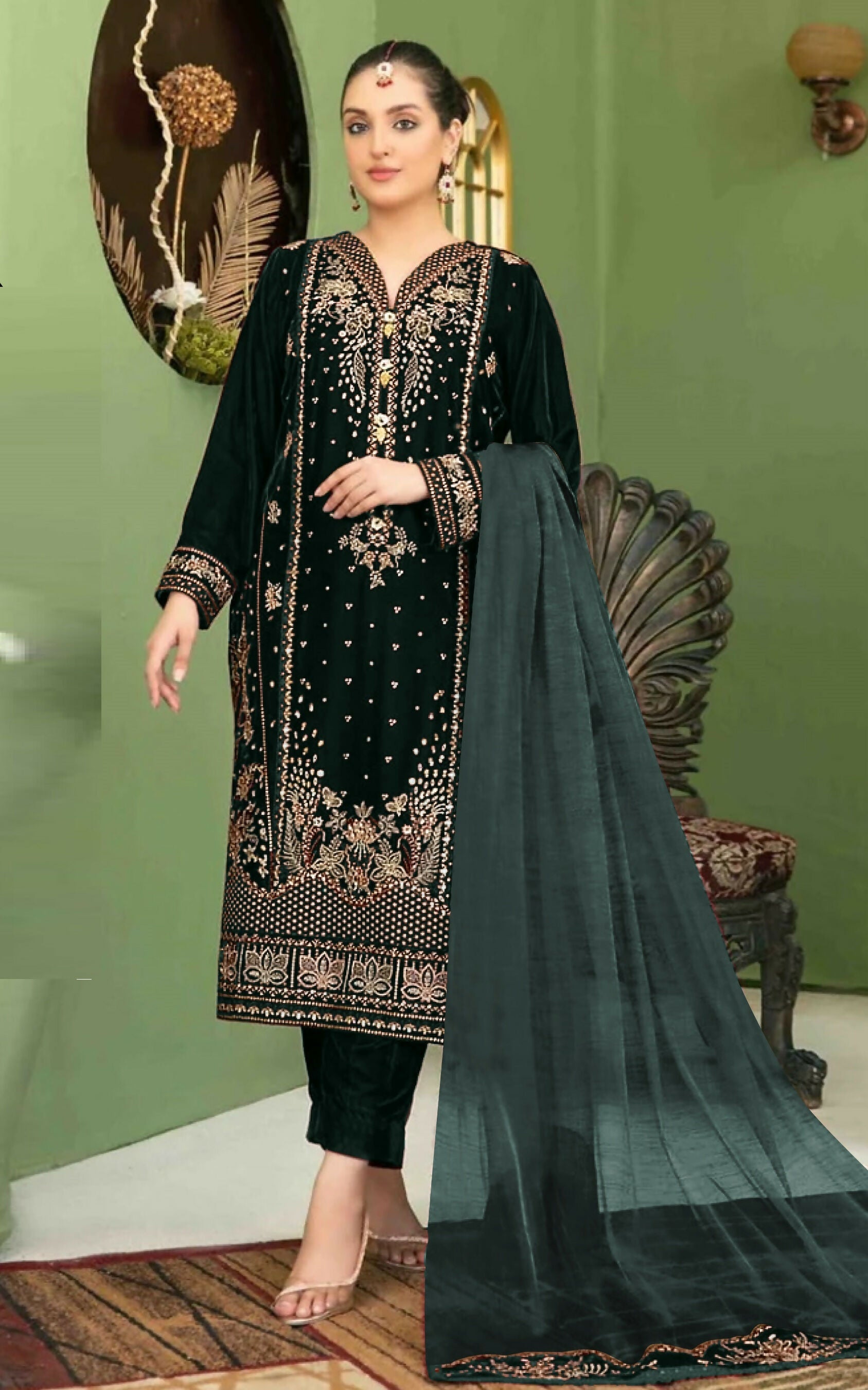 Anaita Black Velvet Suit with Embroidery Sequence Work