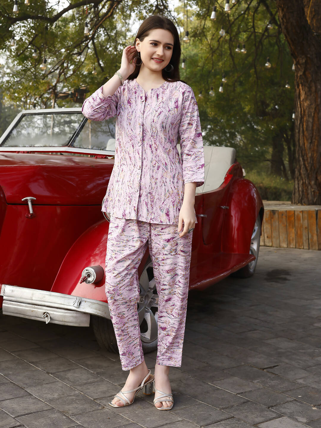 Light Purple Rayon abstract Printed Top with Matching Bottom - Eesha - Swadesiicart