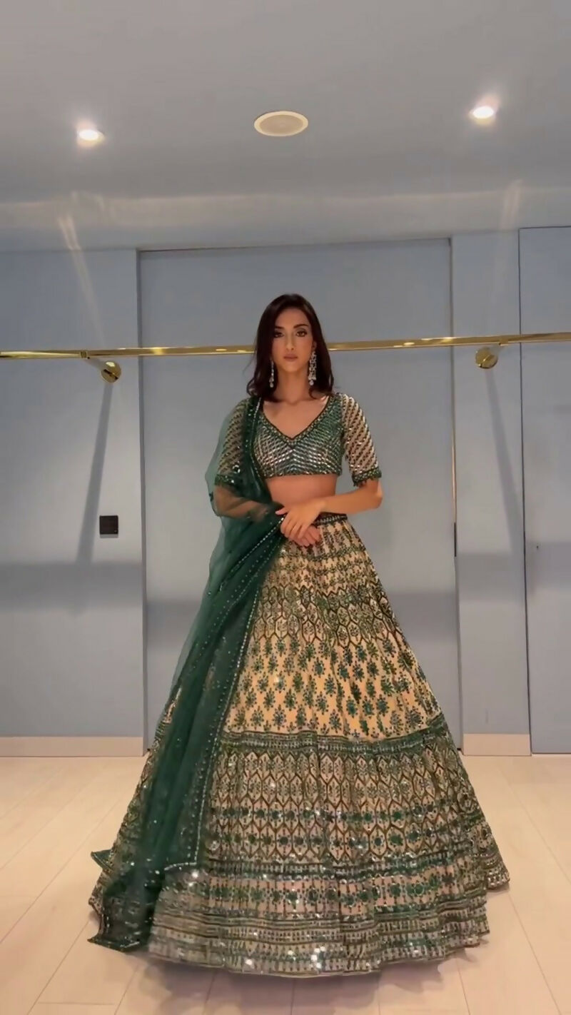 Jyoti Fashion Teal Green & Cream 3mm with Thread Embroidery Georgette Lehenga Choli with Dupatta | Swadesiicart