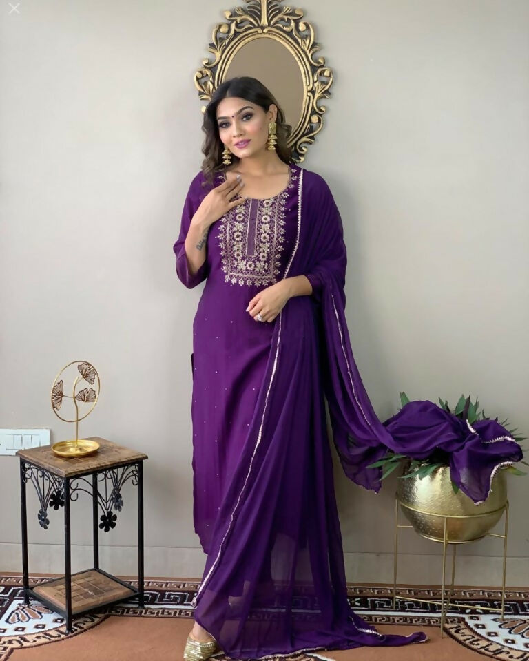 Partywear Designer Wine Rayon Slub Stitched Suit With Dupatta - Tanisha | Swadesiicart