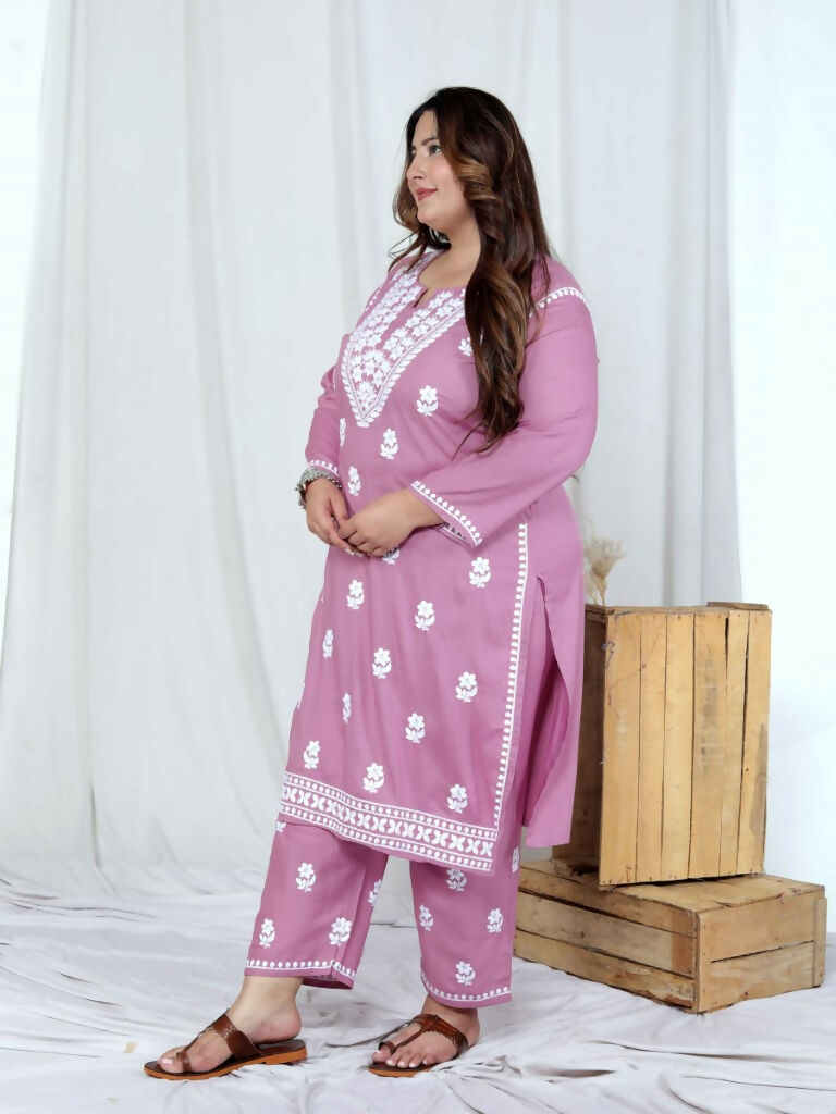 Miravan Women's Plus Size Chikankari Embroidery Pink Straight Kurta And Palazzo Set | Swadesiicart