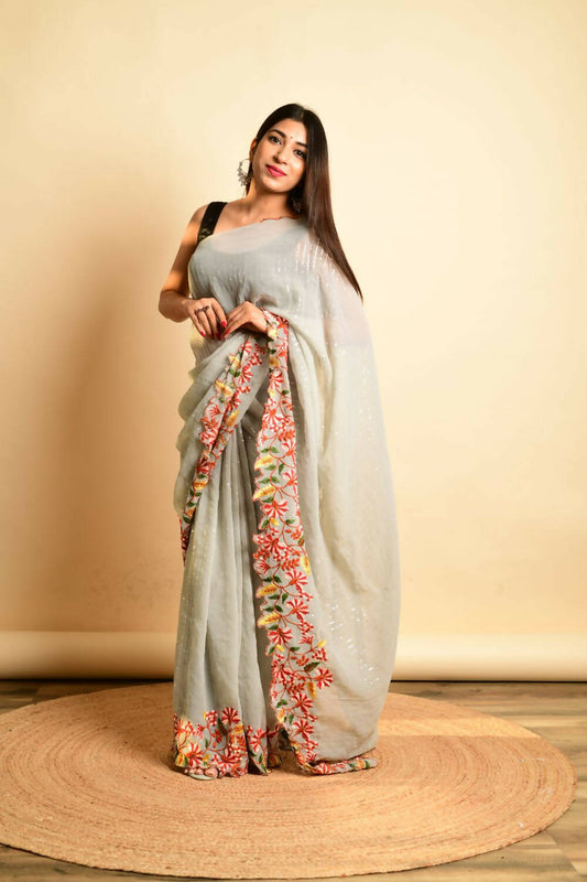 Vamsee Grey Georgette Designer Saree - Swadesiicart