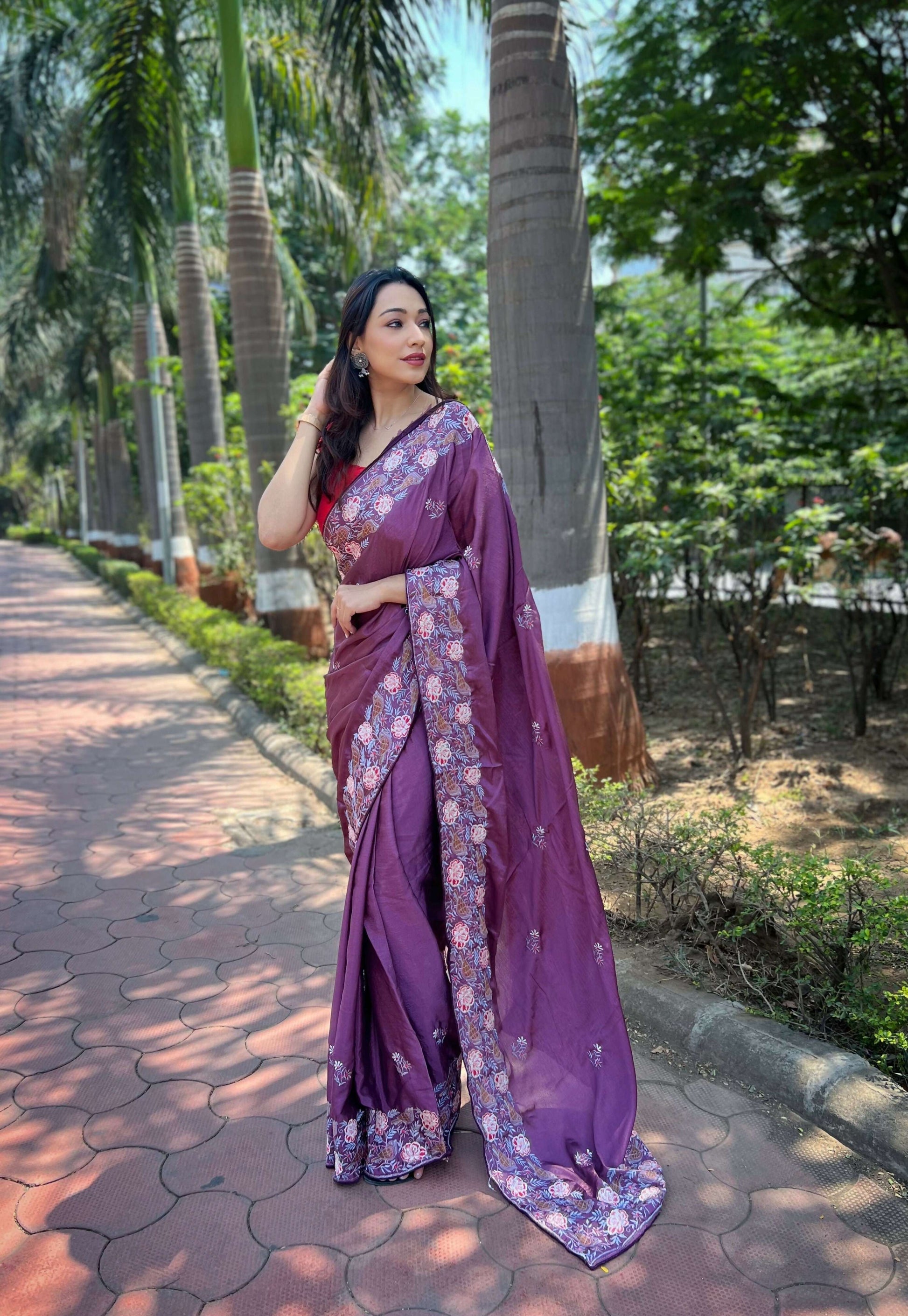 Vamsee Chinon Panchi Cherry Shimmer Saree - Swadesiicart
