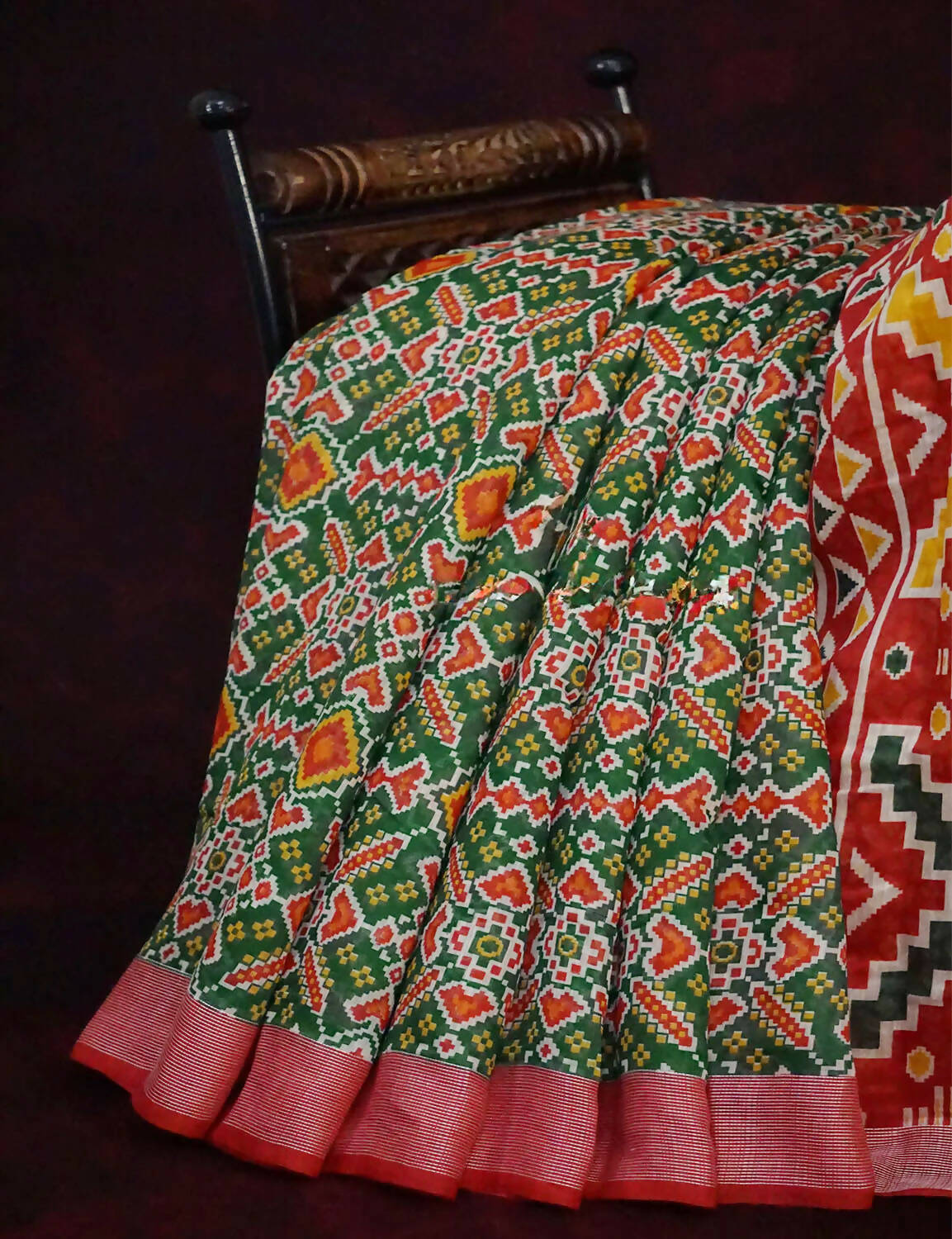 Green Colored Patan Patola Semi Chanderi Saree By Gayathri Reddy Designer Studio | Swadesiicart