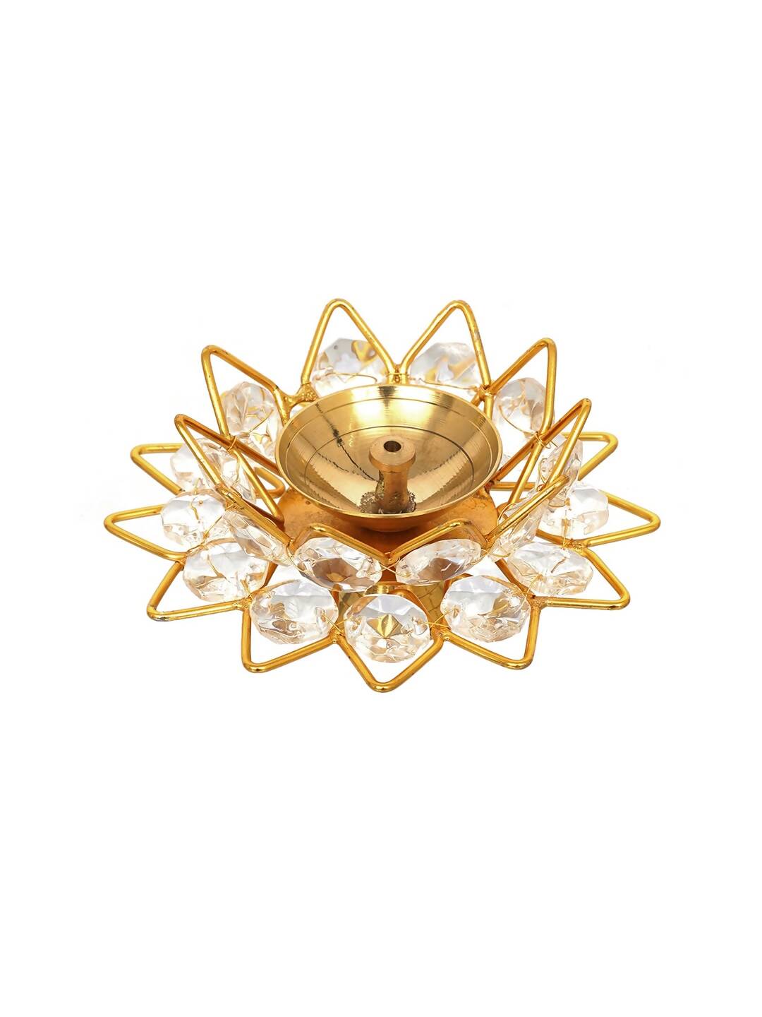 eCraftIndia Gold-Toned & White 2 Pieces Crystal Lotus Shape Brass Diyas | Swadesiicart