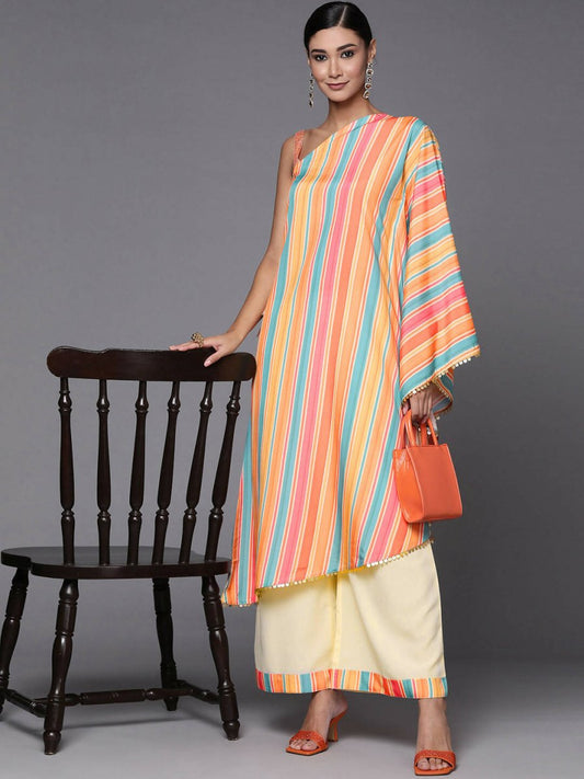 Ahalyaa Peach-Coloured & Blue Printed Striped Asymmetric Taselled Kaftan Kurta Palazzos | Swadesiicart