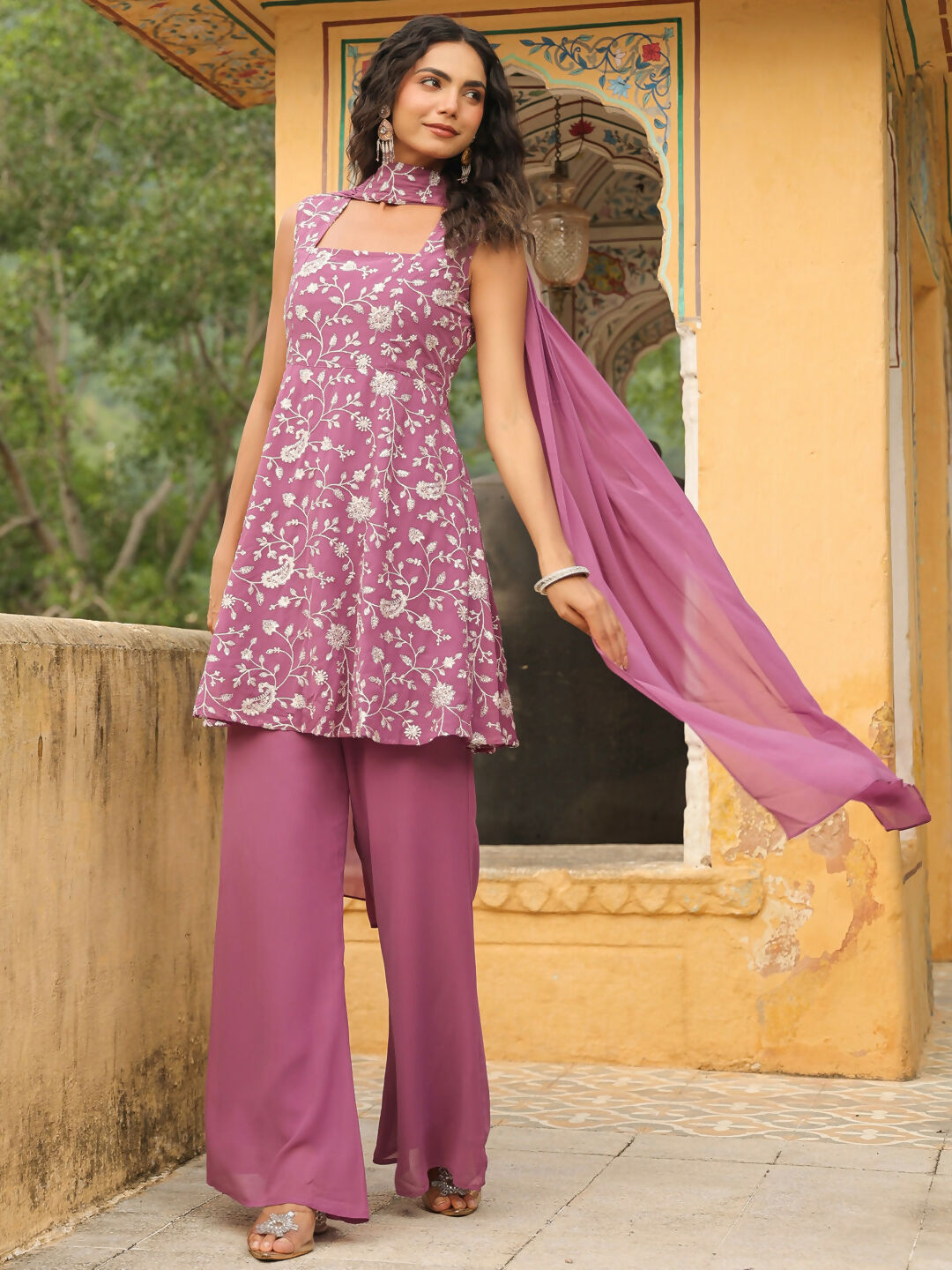 Janasya Lavender Georgette Embroidered Kurta,Bottom & Dupatta | Swadesiicart