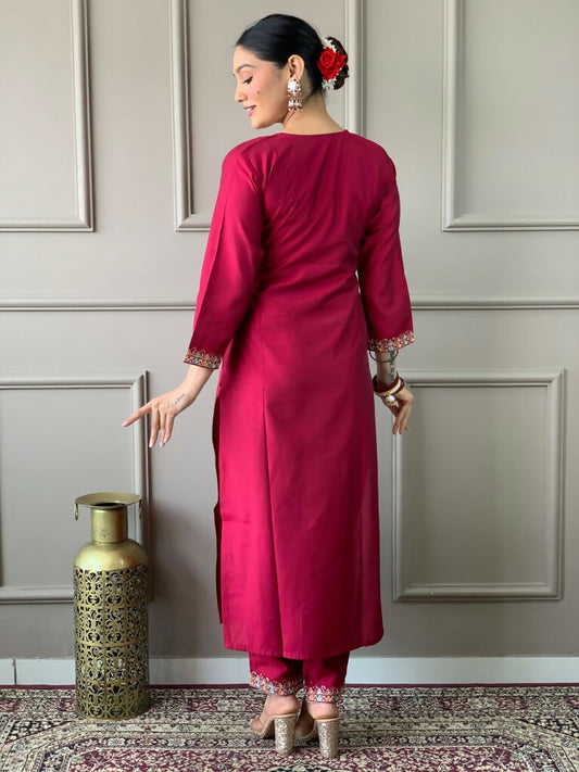Partywear Designer Viscos Chanderi Maroon Stitched Suit With Dupatta - Tanisha | Swadesiicart