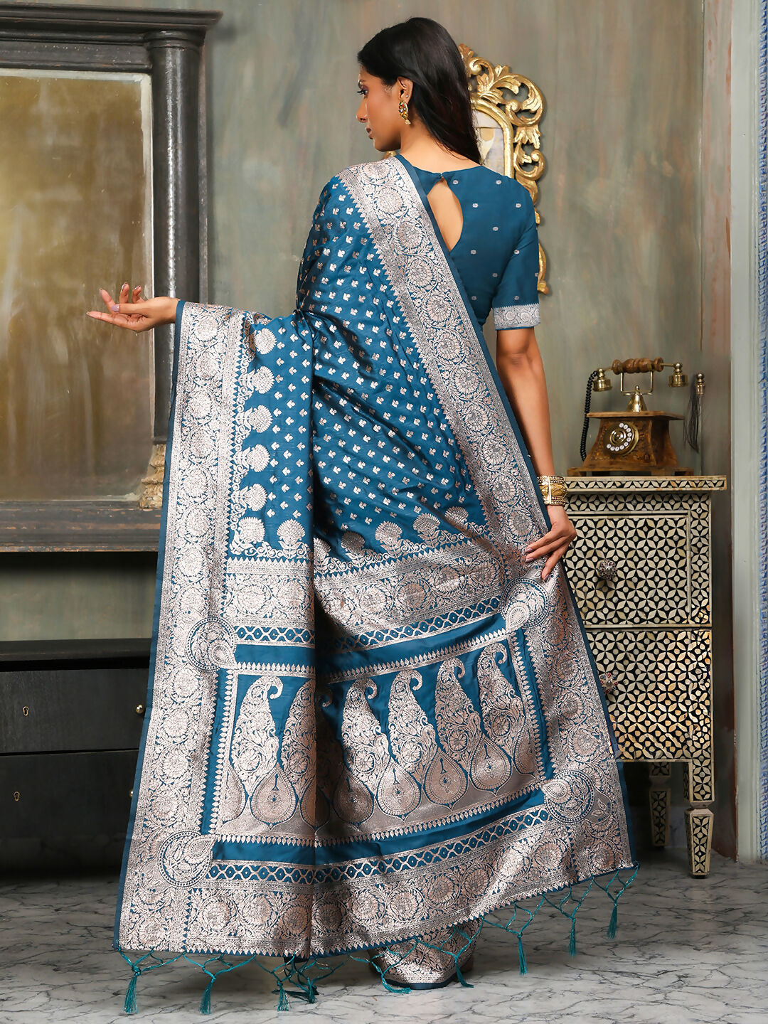 Astita Banarasi Silk Blue Saree | Swadesiicart