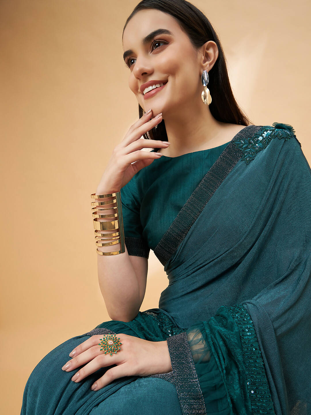 Green Lycra Flock Work, Seuqins Embroidery, Handwork Shoulder Butta Saree - Norita Hit Design - Swadesiicart