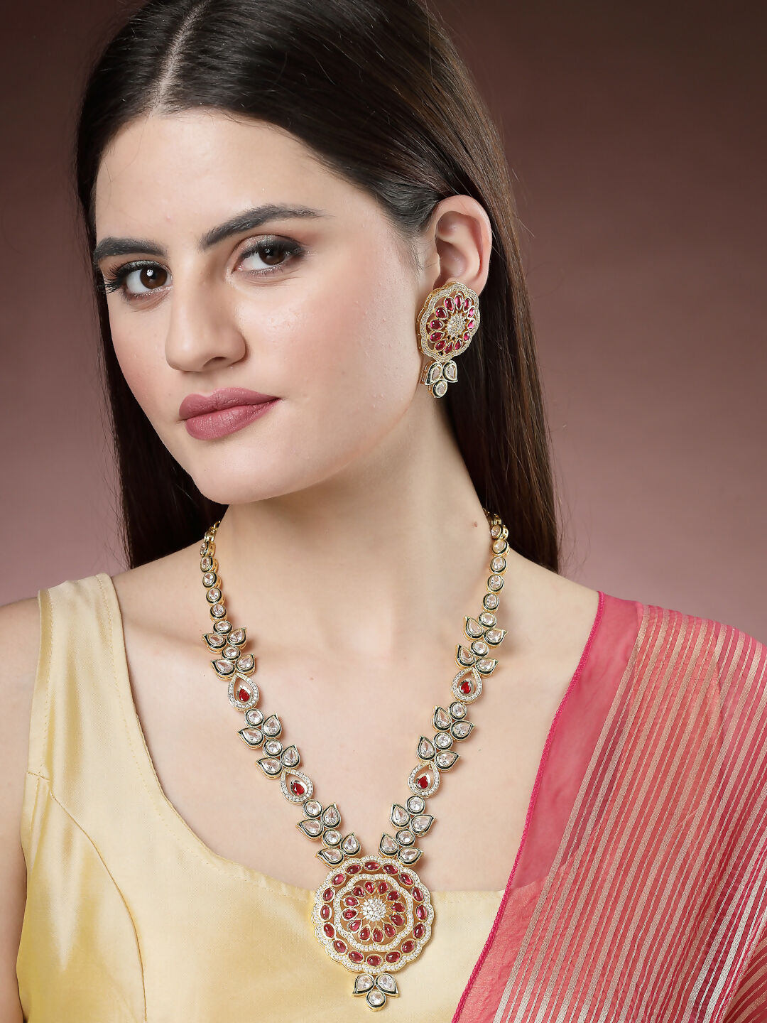 NVR Women's Set of 2 Red & Gold Kundan Studded Jewellery Set Choker & Long Necklace With Earrings - Swadesiicart