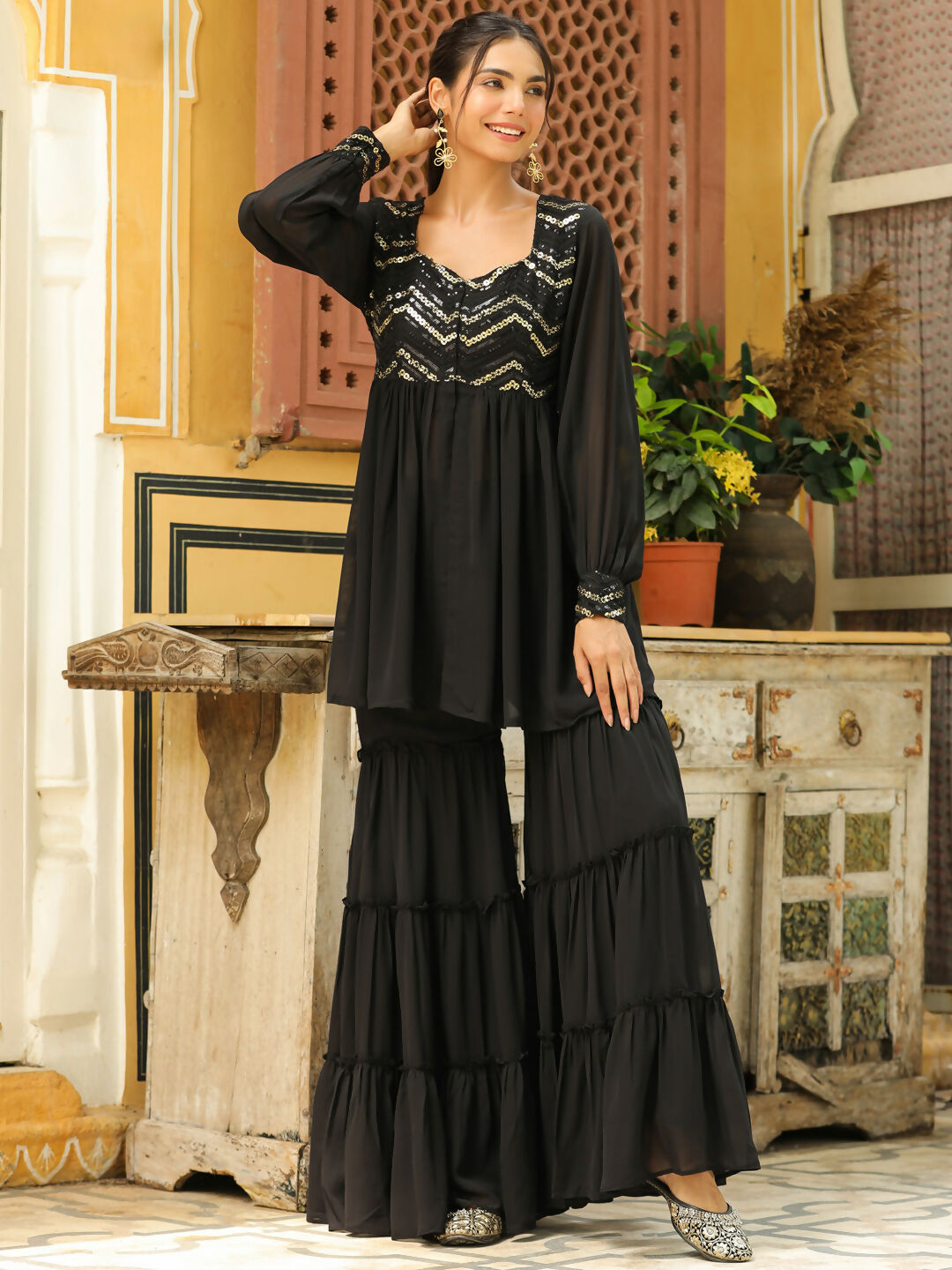 Janasya Black Georgette Sequined Tunic & Bottom | Swadesiicart