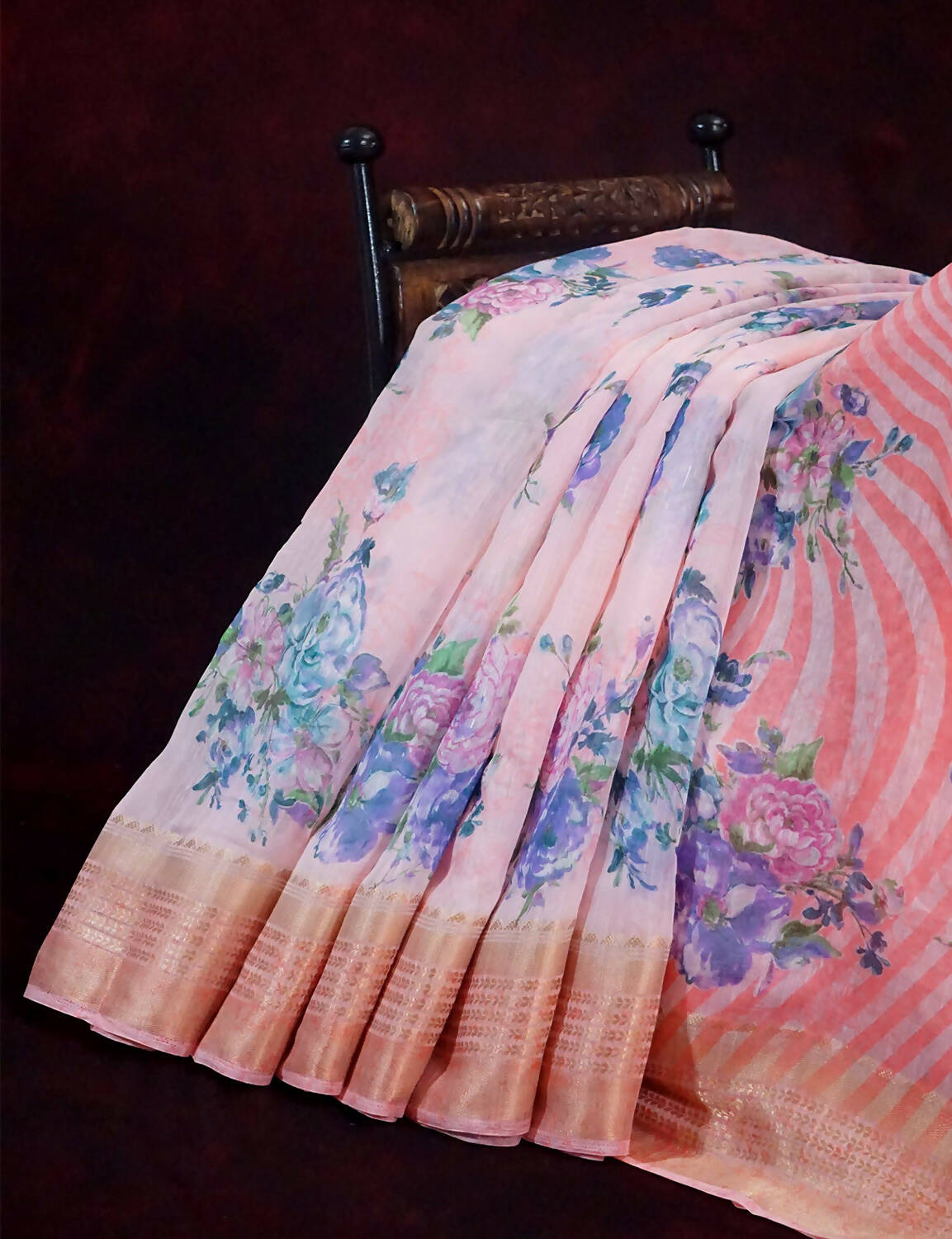 Combination Shades Of Peach Pink With Floral Design Semi Chanderi Saree By Gayathri Reddy Designer Studio | Swadesiicart