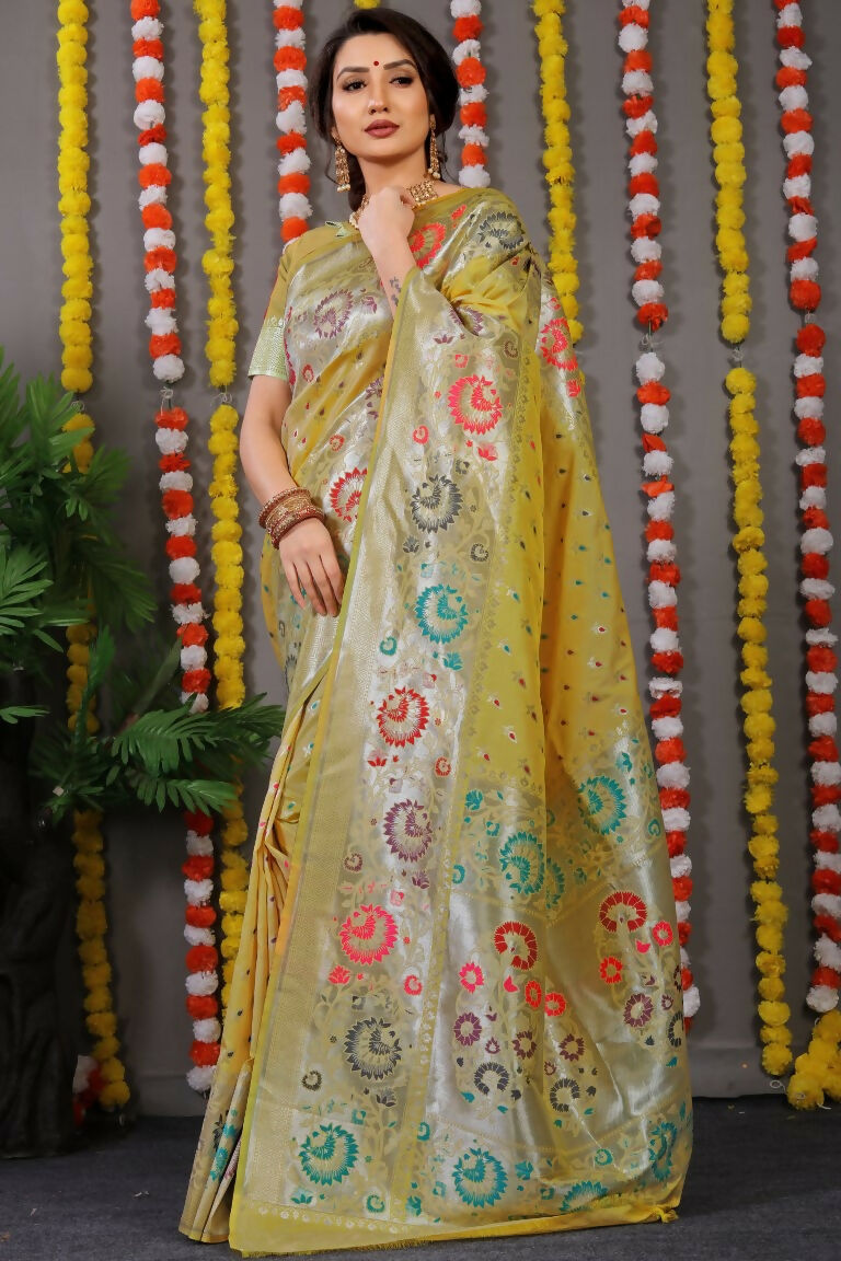 Jyoti Fashion Women's Mehndi Banarasi Silk Zari Woven Saree with Blouse | Swadesiicart
