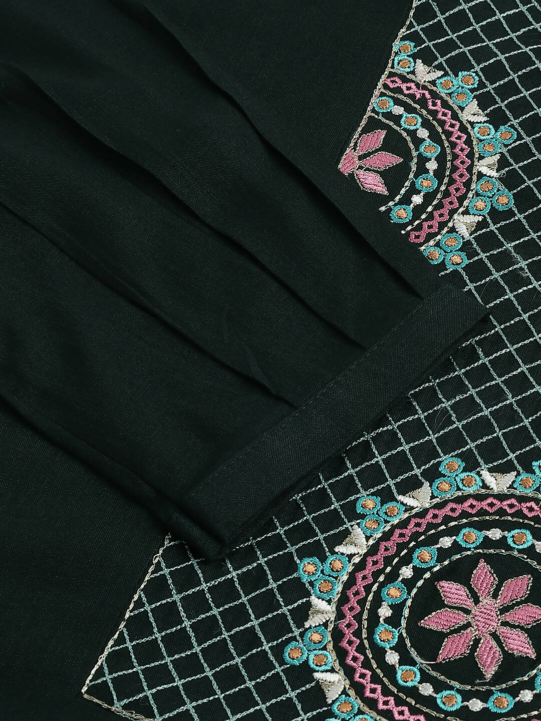 Green Rayon Yoke Embroidered A-line Top - Tarini - Swadesiicart