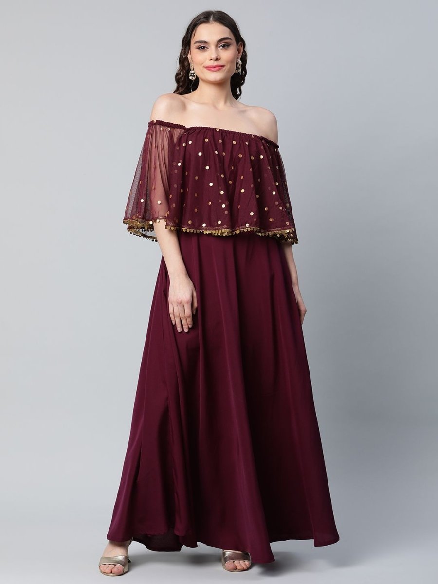 Ahalyaa Women Wine Colour Crepe & Net Gold Printed Dress | Swadesiicart