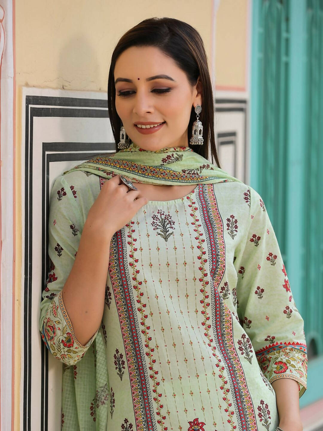 Juniper Women's Lime Green Cambric Floral Placement Printed Straight Fit Kurta Sets | Swadesiicart