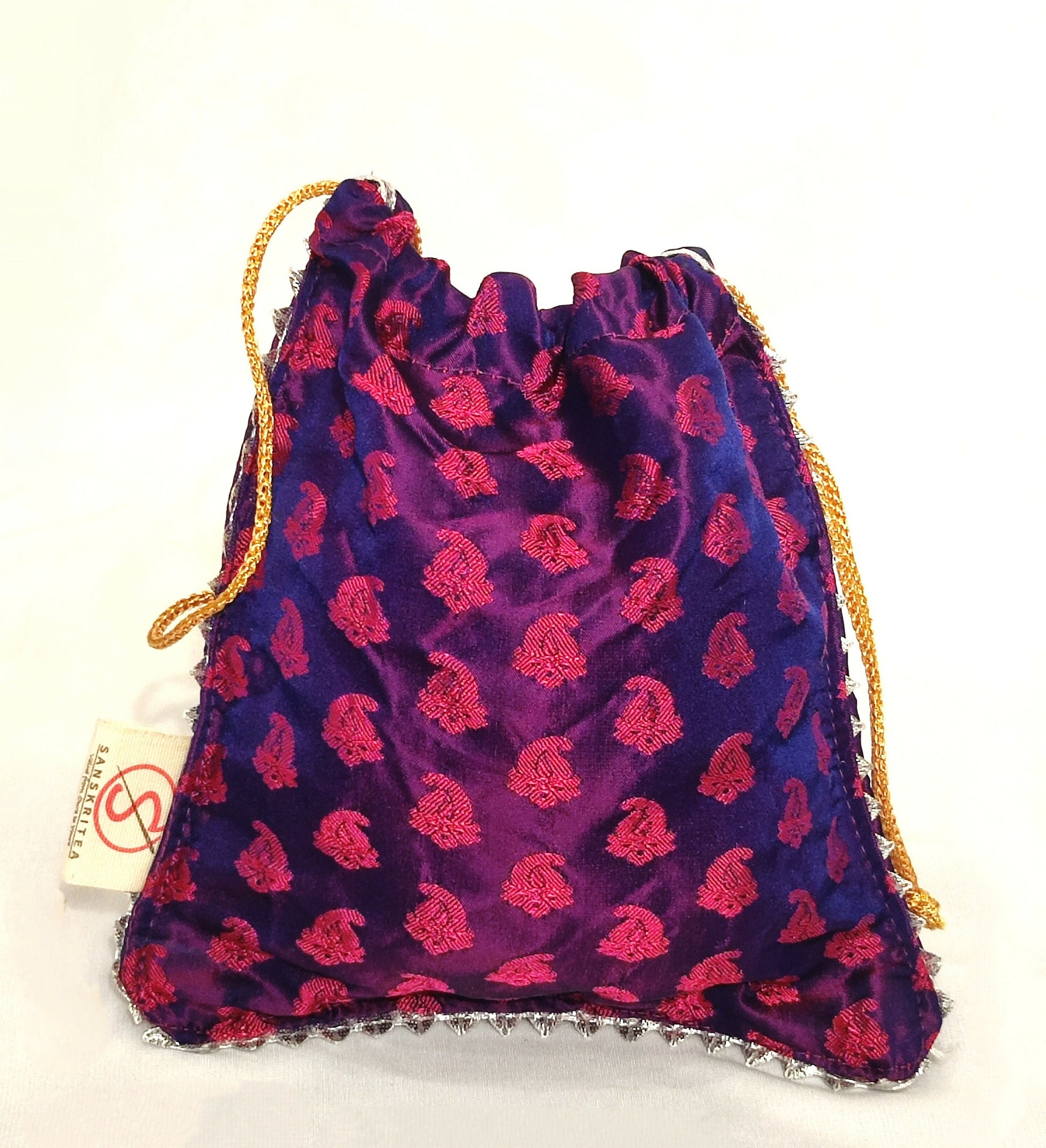 Sanskritea Brocade Drawstring potli Bag - purple - Swadesiicart