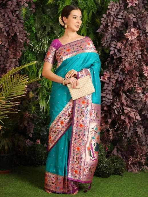 Vishnu Weaves Women's Rama Paithani Silk Zari Woven Saree with Unstitched Blouse - Swadesiicart