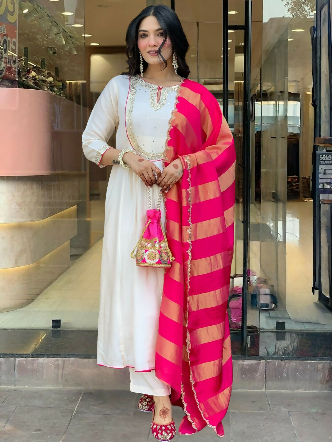 The52 White Women's Gorgeous Embroidered Work Chanderi Fabric Flared Kurta Pant and Dupatta Set - Swadesiicart