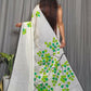 Exclusive Collection Beautiful White Light Green Pure Cotton Hand Print Handloom Saree With Running Blouse Piece - Swadesiicart