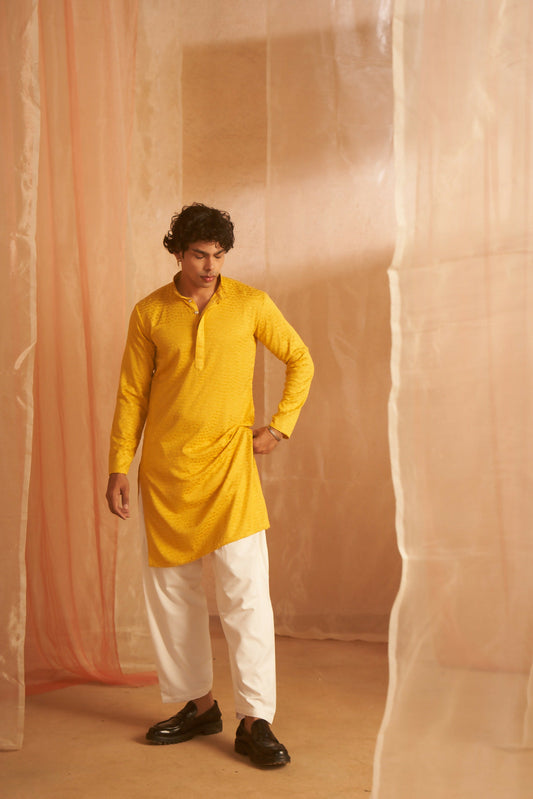 Mustard Viscose Chikankari Embroidery Work Men's Kurta Set - Mahotsav | Swadesiicart