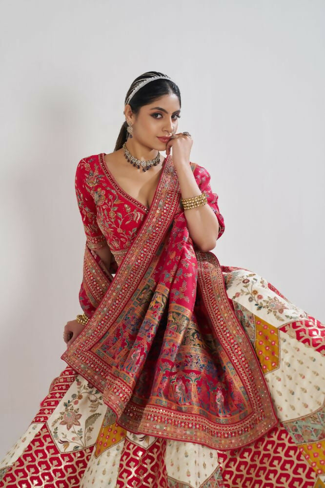 Kesar Fab White Banarasi Silk Embroidered Lehenga | Swadesiicart