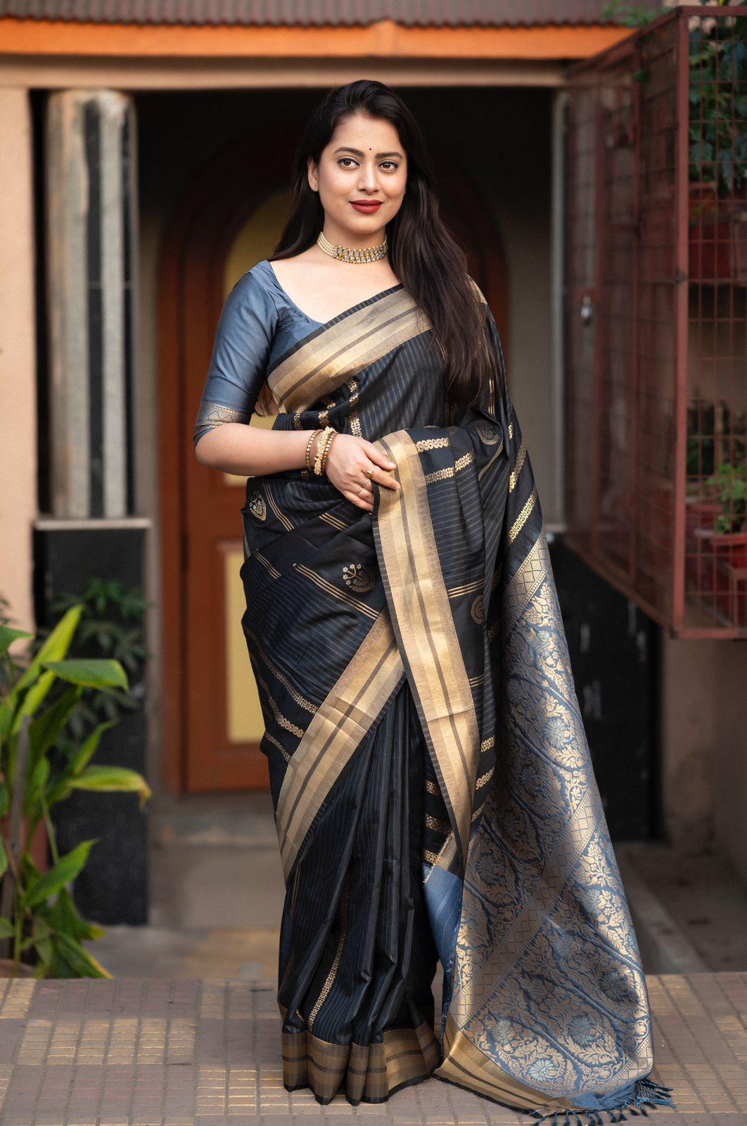 Blue Silk Woven Saree with Unstitched Blouse - Hiral Fashion | Swadesiicart
