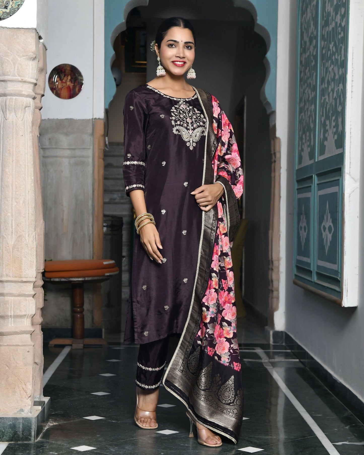 Vaasva Women's Silk Emboidered Solid Pant Set & Digital Printed Dupatta | Swadesiicart