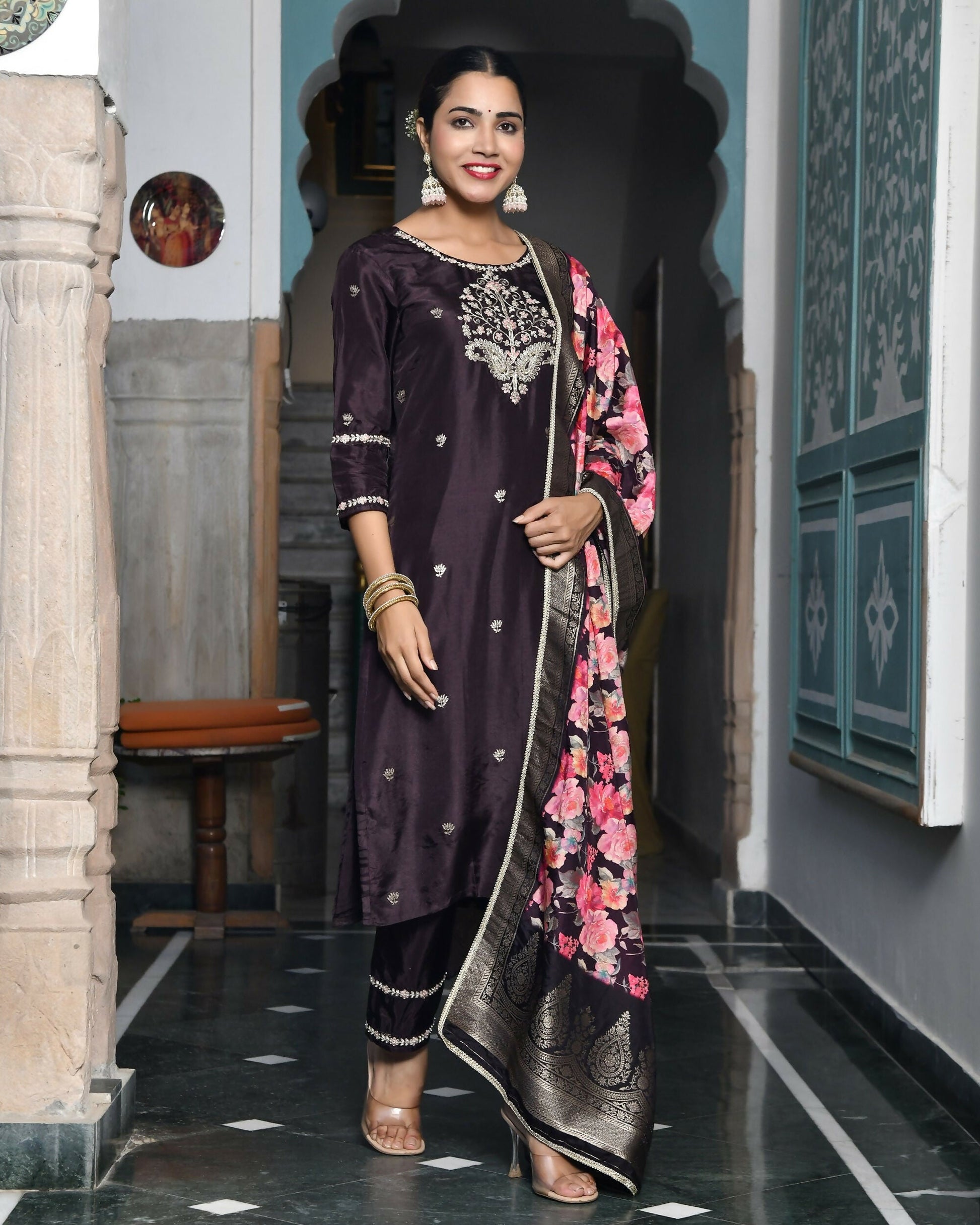 Vaasva Women's Silk Emboidered Solid Pant Set & Digital Printed Dupatta | Swadesiicart