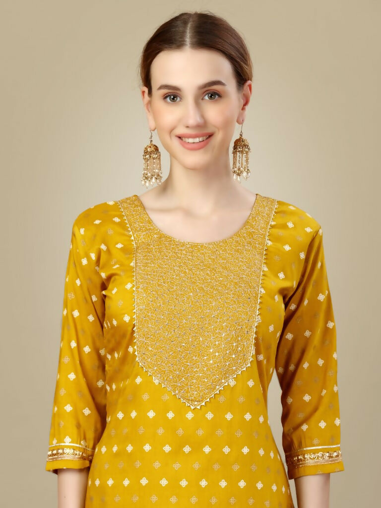 Jyoti Fashion Women's Golden Silk Blend Embroidery & Sequence work Kurta with Trouser & Dupatta | Swadesiicart